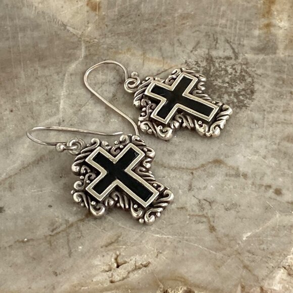 Sterling Silver 925 1.41" Black Enamel Scrollwork Cross Dangle Earrings 11g - Picture 6 of 16